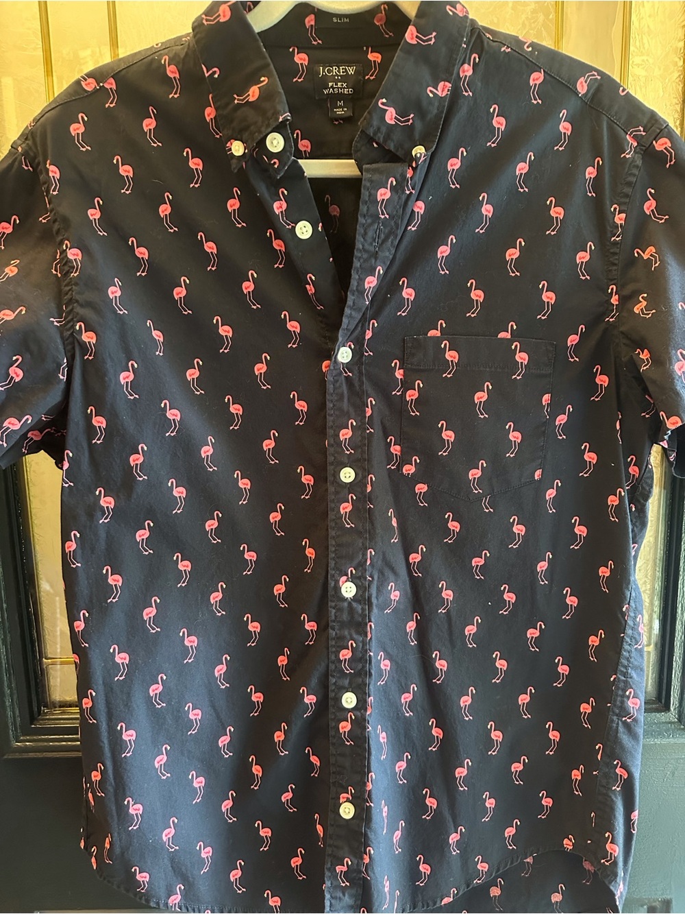 J.Crew Flex Washed Slim Navy/ Pink Short Sleeve Button Down Shirt Mens Medium